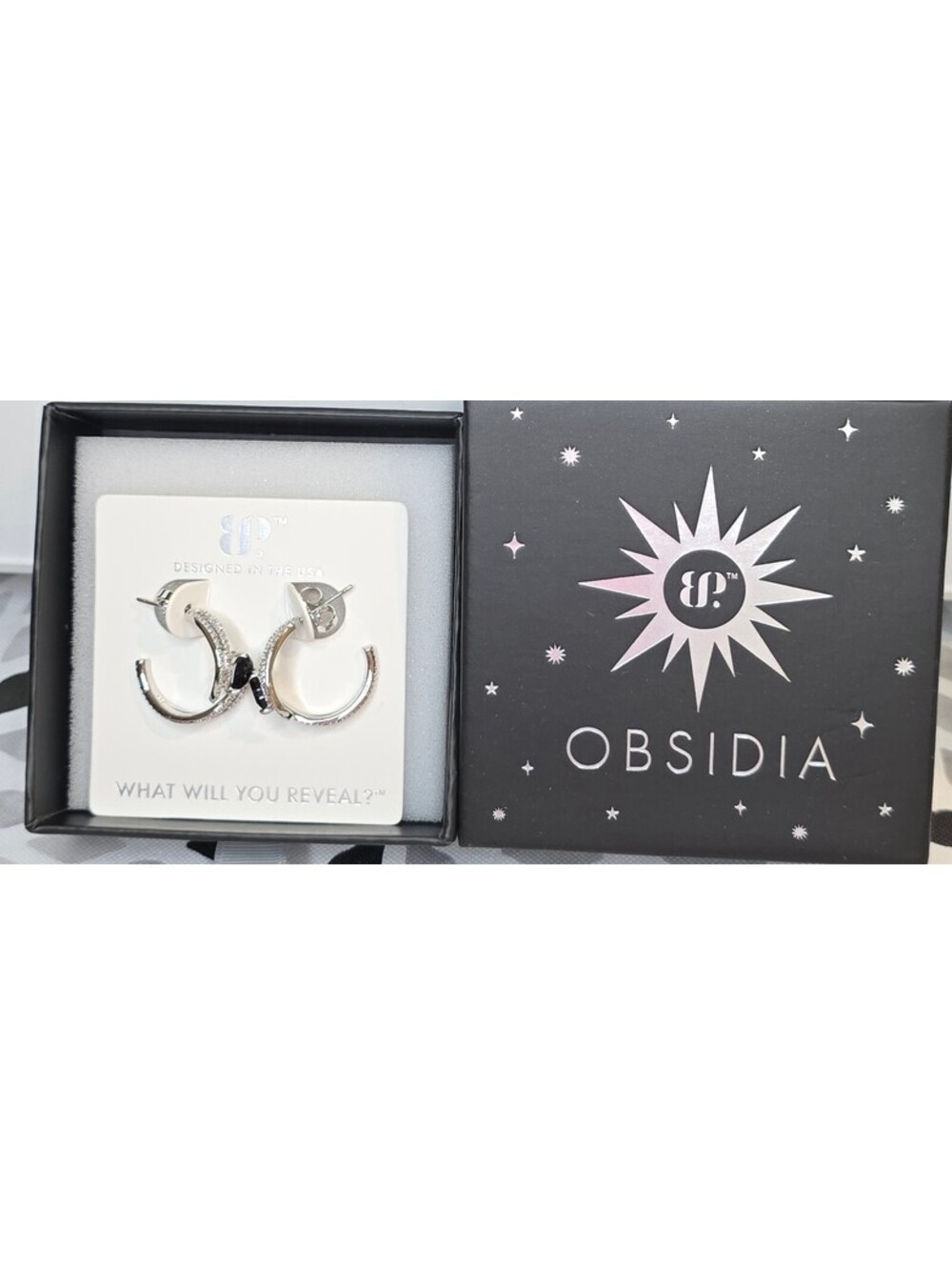 Obsidia Cut Through the Dark Rhodium Plated Hoop Earrings